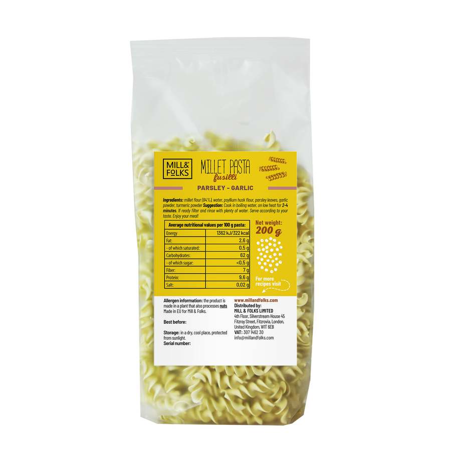 Millet pasta fusilli parsley-garlic