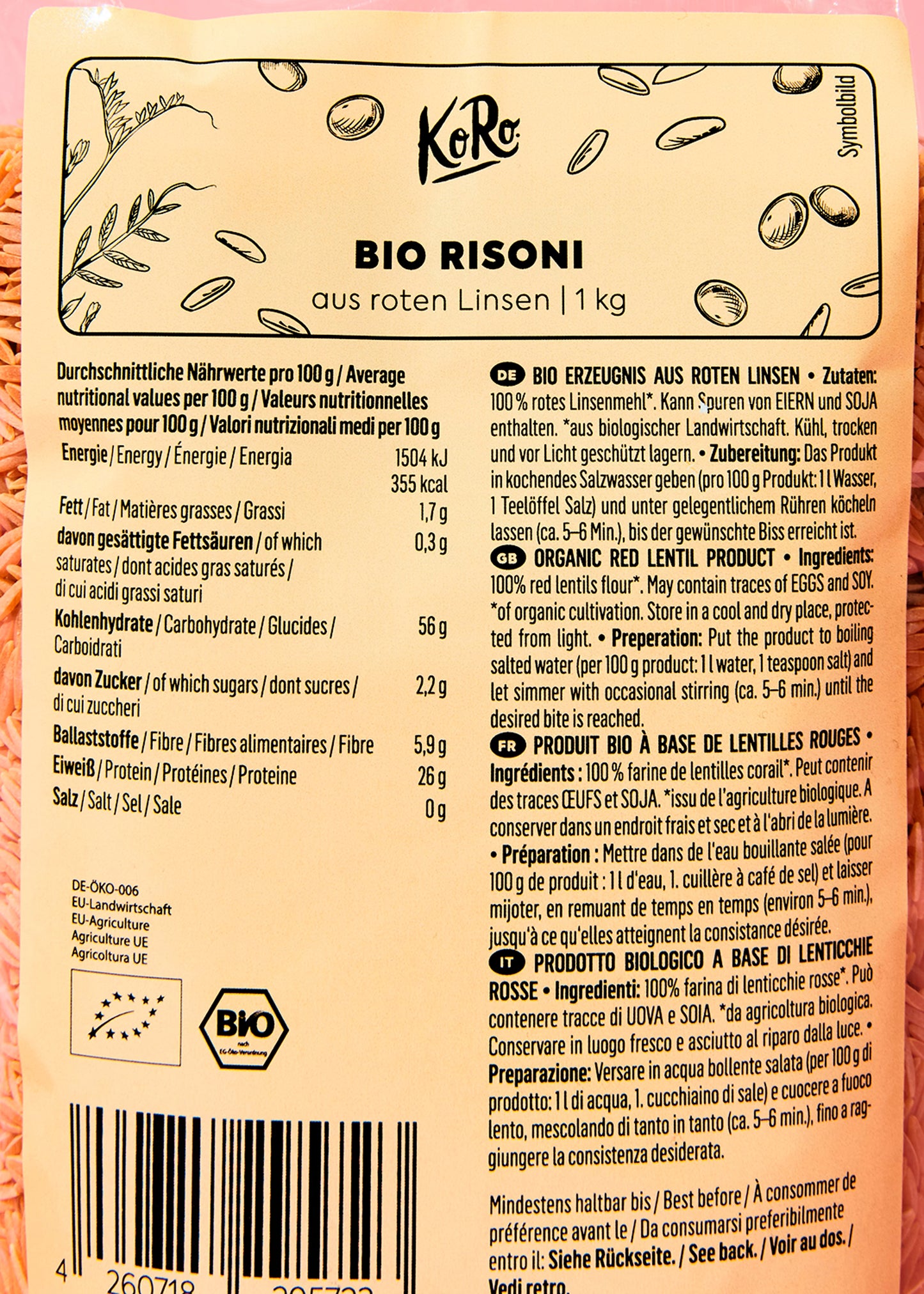 Organic lentil flour risoni